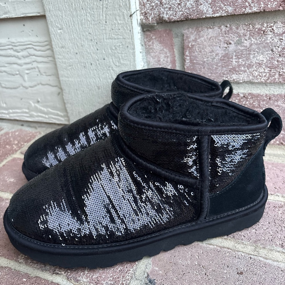UGG Black Sequin Ankle Boots Ultra Mini
